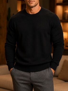 Qi Men’s Large Black 100% Cashmere Crewneck Sweater